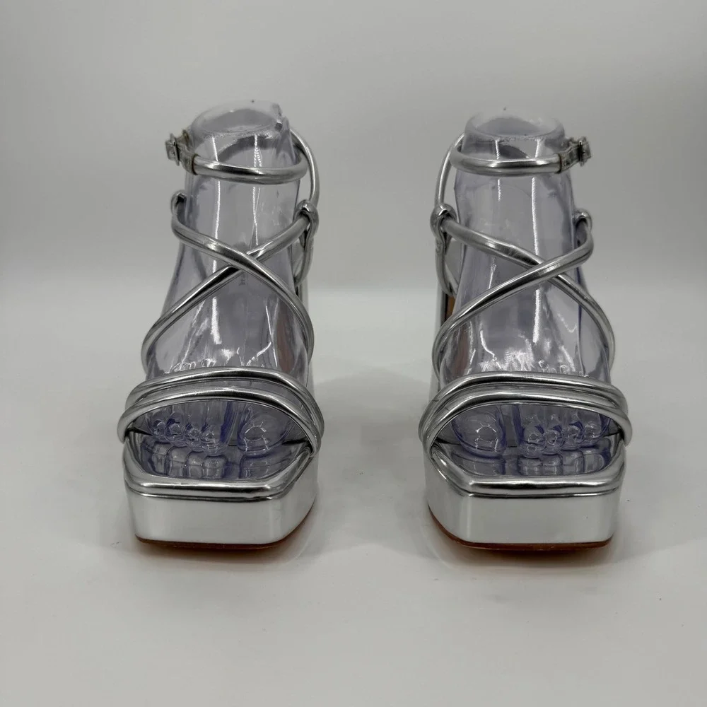 Marc Fisher Godea Silver Metallic Platform Block Heel Strappy Sandals Womens 8M